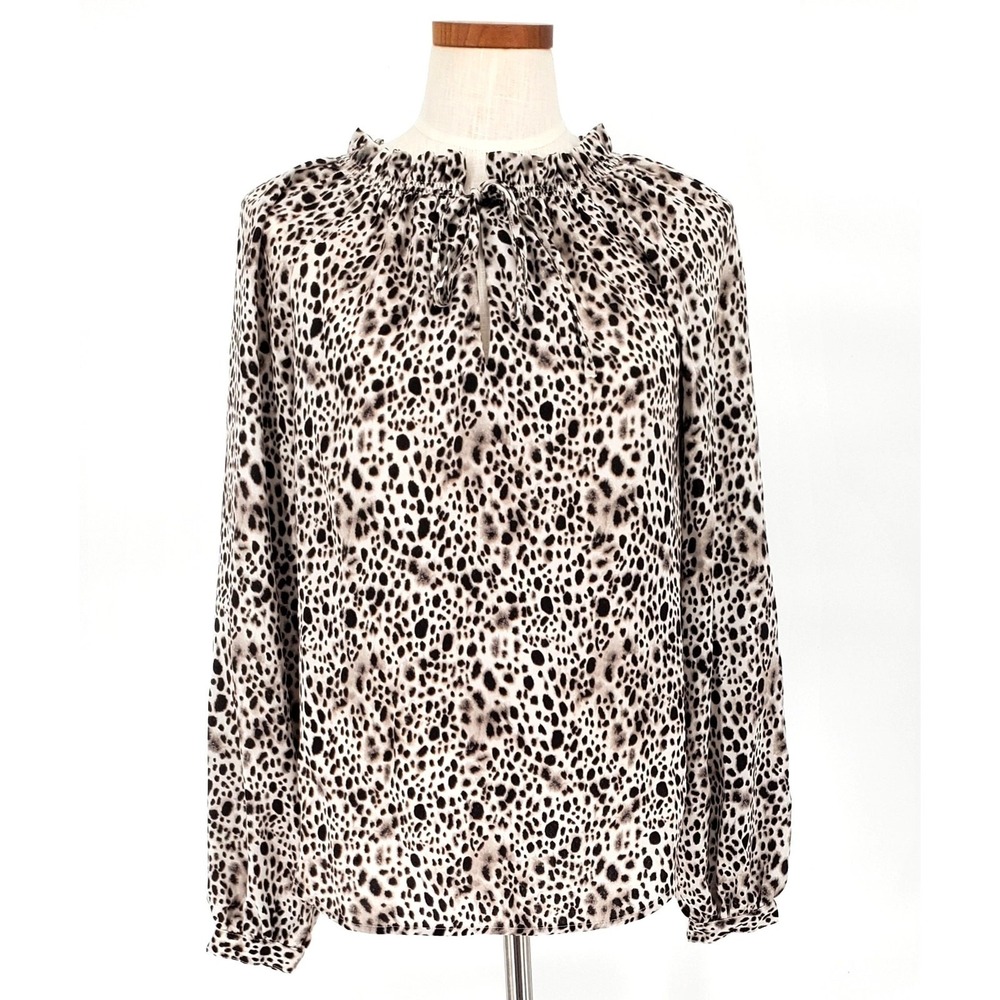 A New Day Leopard Print Smocked Neck Long Sleeve Blouse Womens Small Black White